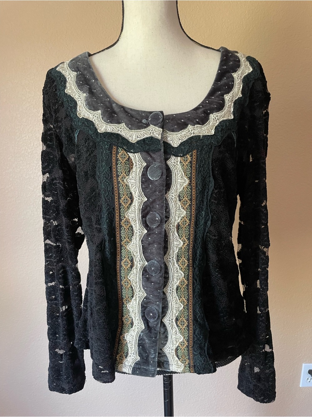 Y2K Fairy Grunge Whimsigoth Floral Lace Tapestry velvet Trim Cardigan Top XL